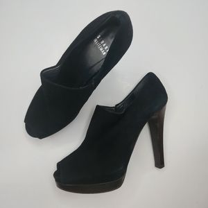 Stuart Weitzman Nanette Peep Toe Heel Bootie Black Suede 8.5
